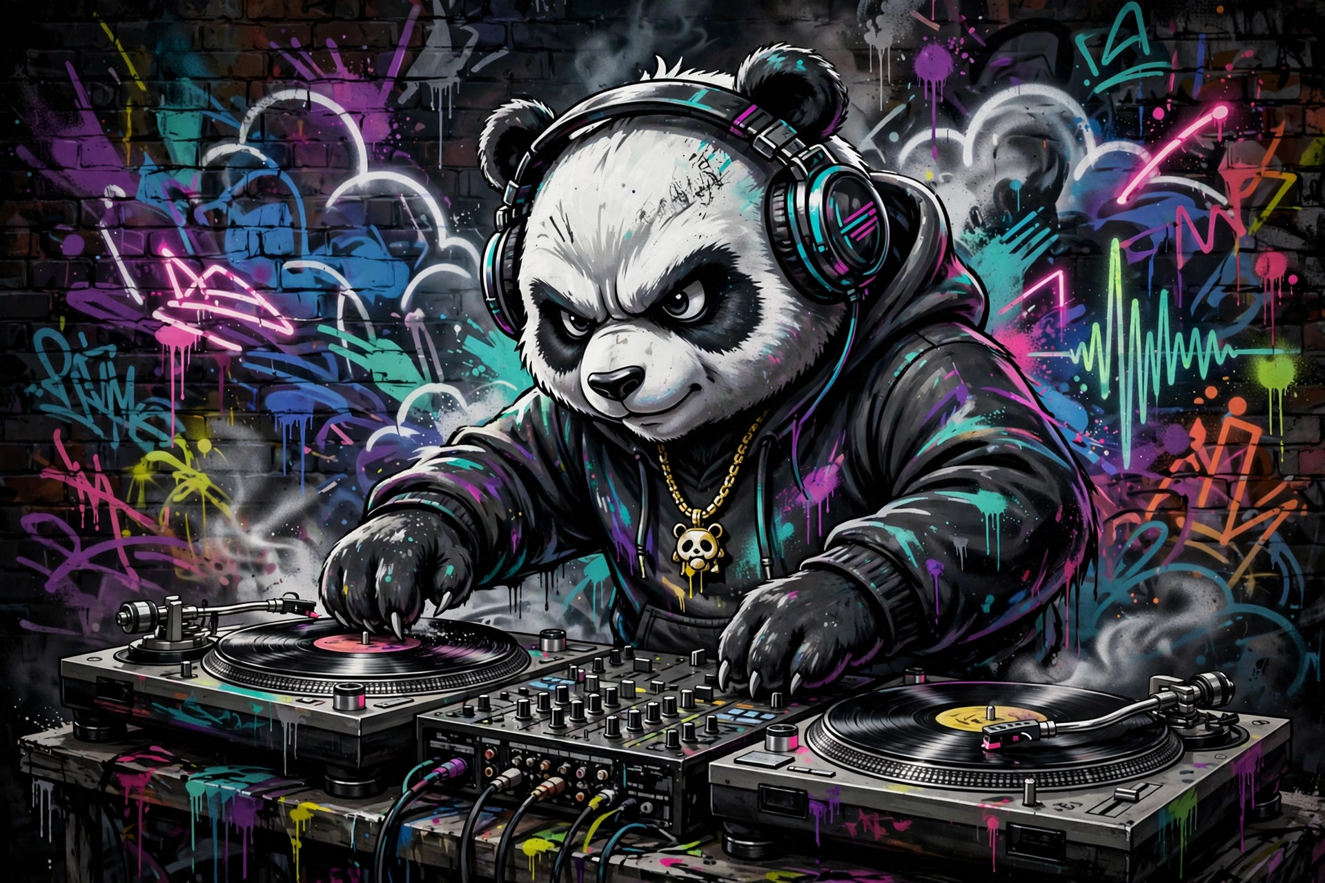 Graffiti artwork of Drizzy Da Panda scratching records on two turntables