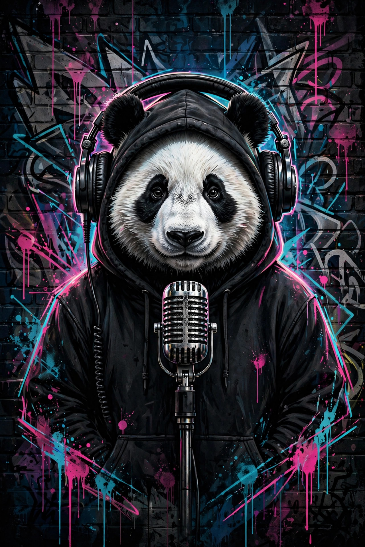 Panda in headphones behind a vintage radio microphone